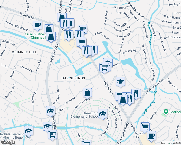 map of restaurants, bars, coffee shops, grocery stores, and more near 3704 Windridge Road in Virginia Beach