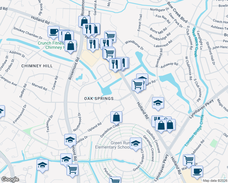 map of restaurants, bars, coffee shops, grocery stores, and more near 3725 Windridge Way in Virginia Beach