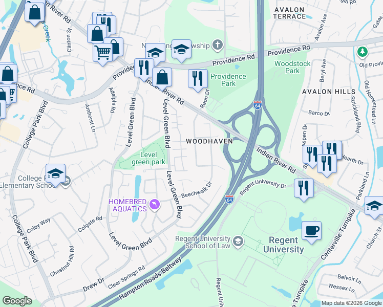 map of restaurants, bars, coffee shops, grocery stores, and more near 1044 Reon Drive in Virginia Beach