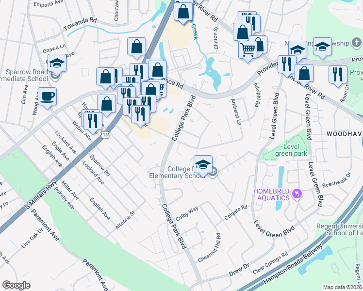 map of restaurants, bars, coffee shops, grocery stores, and more near 6312 Auburn Drive in Virginia Beach