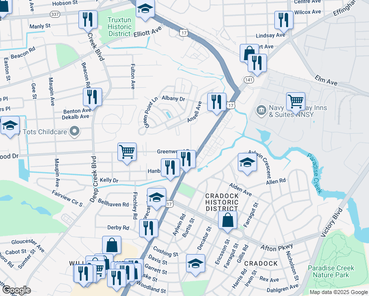 map of restaurants, bars, coffee shops, grocery stores, and more near 2020 Greenwood Drive in Portsmouth
