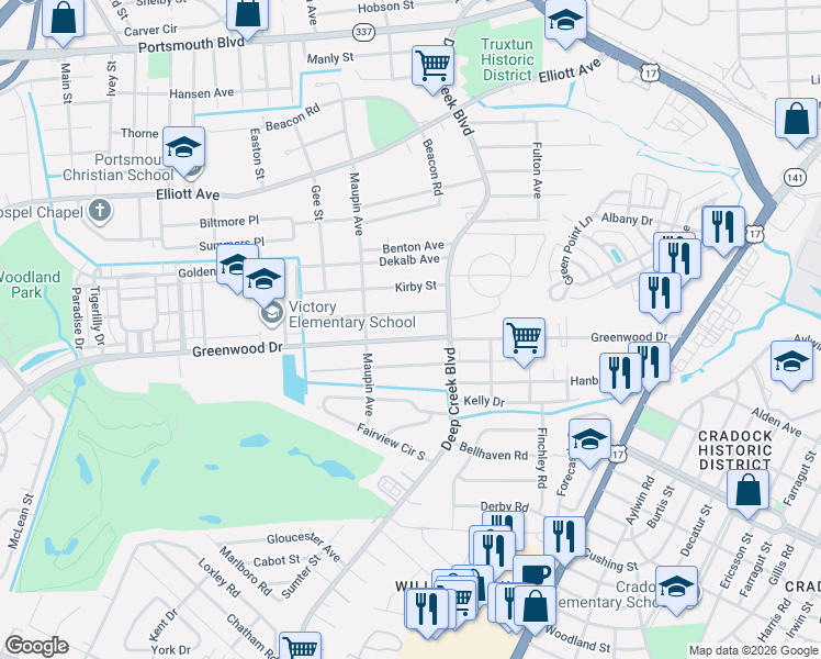 map of restaurants, bars, coffee shops, grocery stores, and more near 21 Appomattox Avenue in Portsmouth