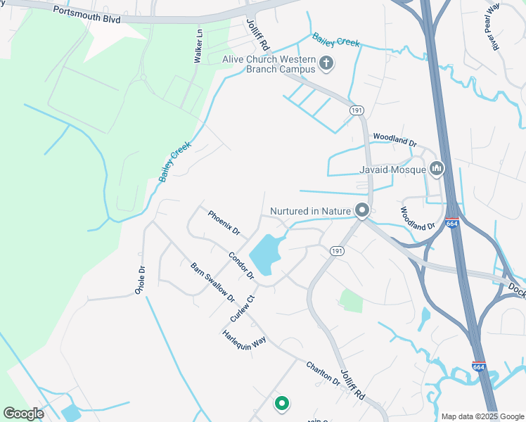 map of restaurants, bars, coffee shops, grocery stores, and more near 4732 Tanager Crossing in Chesapeake