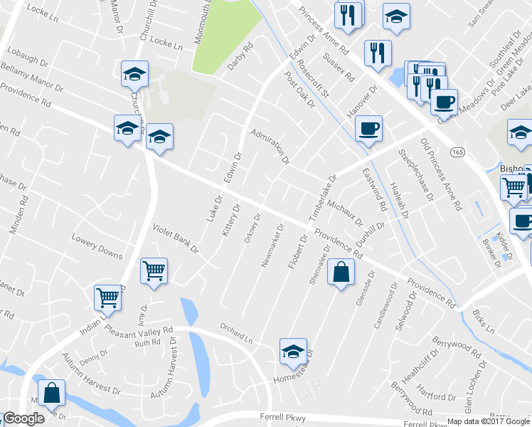 map of restaurants, bars, coffee shops, grocery stores, and more near 1100 Orkney Drive in Virginia Beach