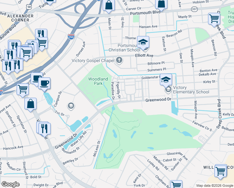 map of restaurants, bars, coffee shops, grocery stores, and more near 223 Tigerlilly Drive in Portsmouth