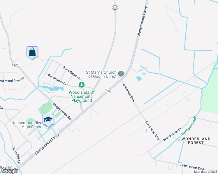 map of restaurants, bars, coffee shops, grocery stores, and more near 3581 Nansemond Parkway in Suffolk