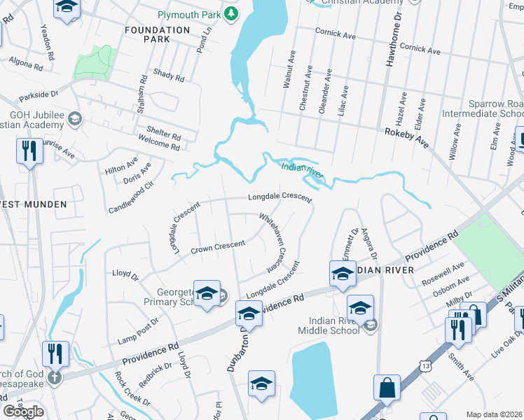map of restaurants, bars, coffee shops, grocery stores, and more near 524 Whitehaven Crescent in Chesapeake