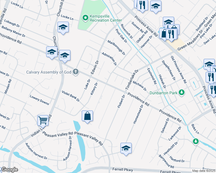 map of restaurants, bars, coffee shops, grocery stores, and more near 1100 Orkney Drive in Virginia Beach