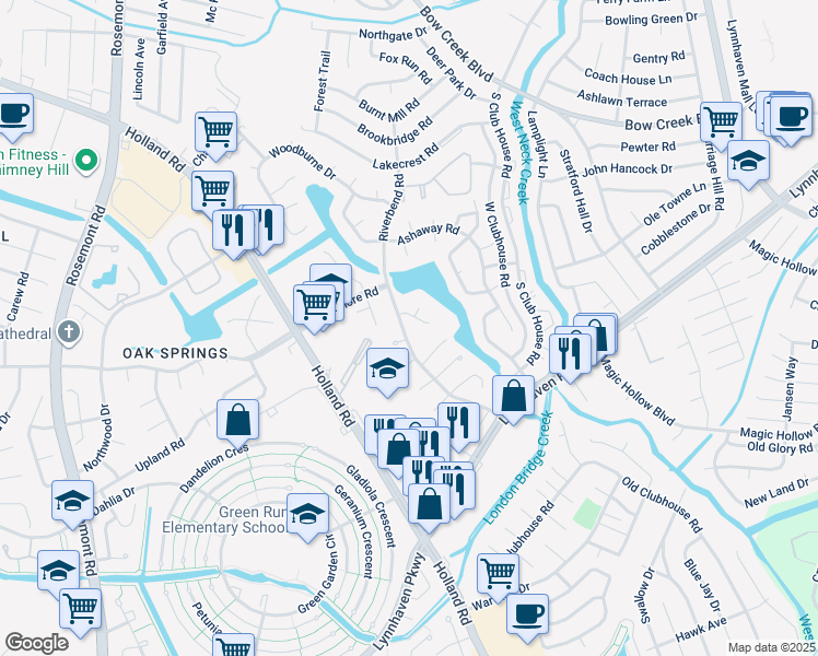 map of restaurants, bars, coffee shops, grocery stores, and more near 1004 Riverbend Road in Virginia Beach