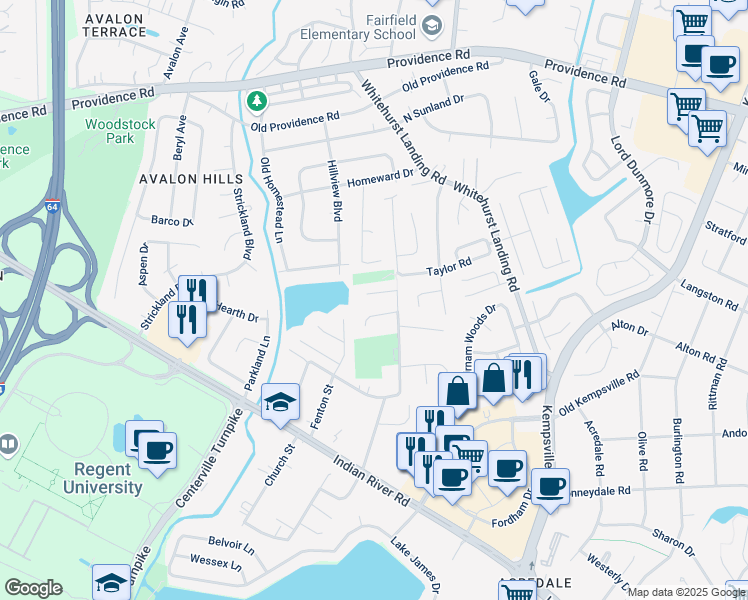 map of restaurants, bars, coffee shops, grocery stores, and more near 1075 Thompkins Lane in Virginia Beach