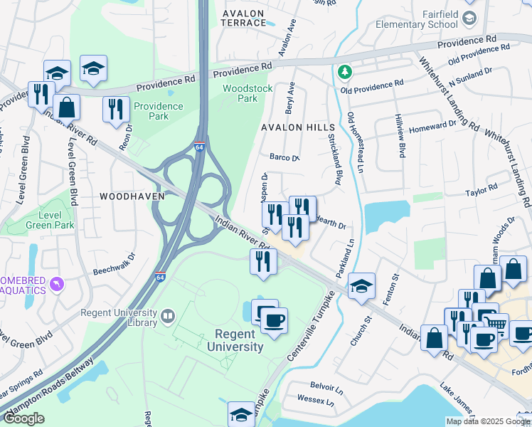 map of restaurants, bars, coffee shops, grocery stores, and more near 985 Aspen Drive in Virginia Beach