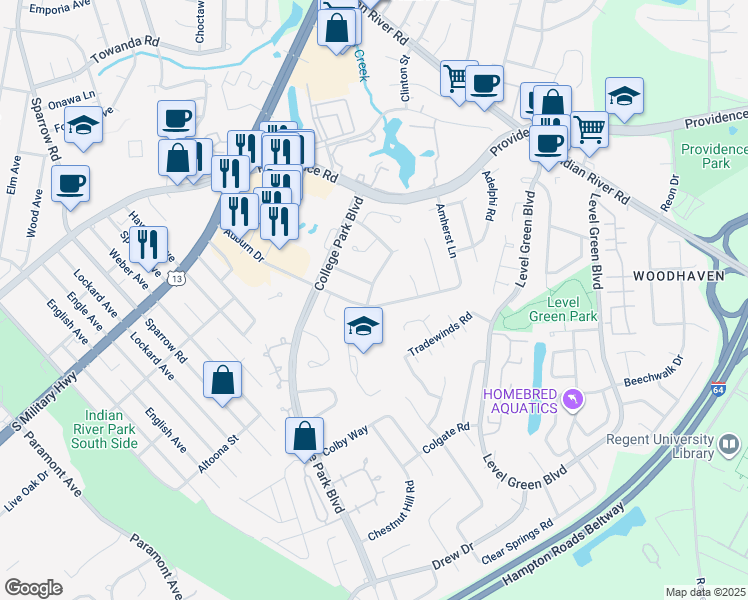 map of restaurants, bars, coffee shops, grocery stores, and more near 6244 Auburn Drive in Virginia Beach