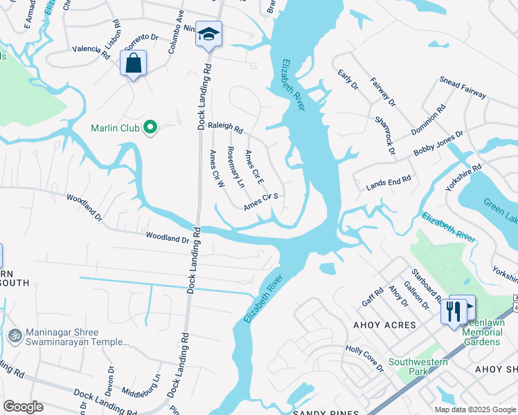 map of restaurants, bars, coffee shops, grocery stores, and more near 1860 Ames Circle South in Chesapeake