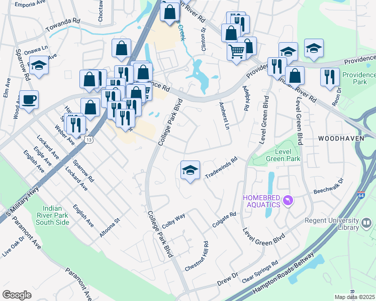 map of restaurants, bars, coffee shops, grocery stores, and more near 6244 Auburn Drive in Virginia Beach