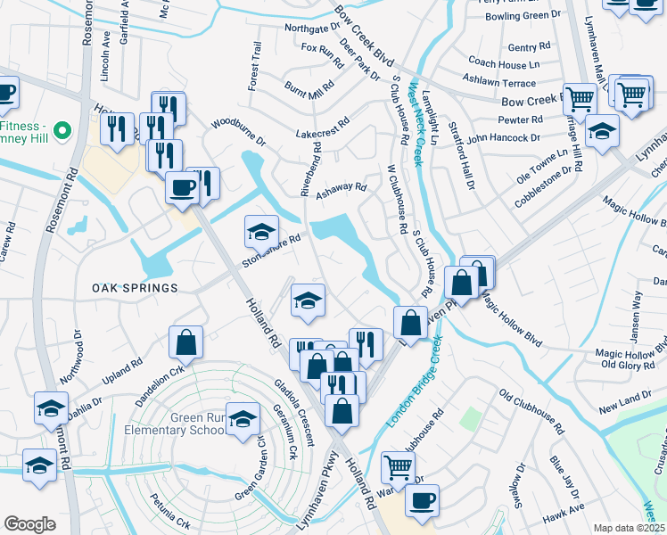 map of restaurants, bars, coffee shops, grocery stores, and more near 3217 Barrington Drive in Virginia Beach