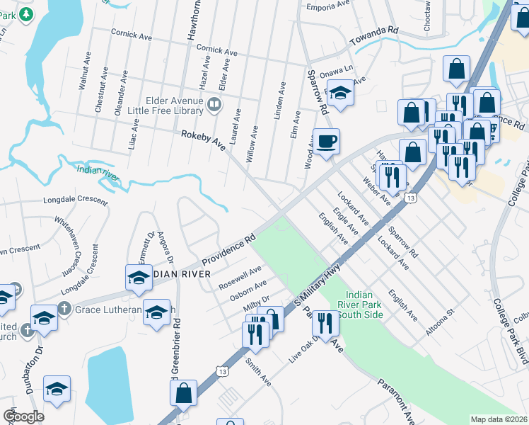 map of restaurants, bars, coffee shops, grocery stores, and more near 9 Sol Thorpe Lane in Chesapeake