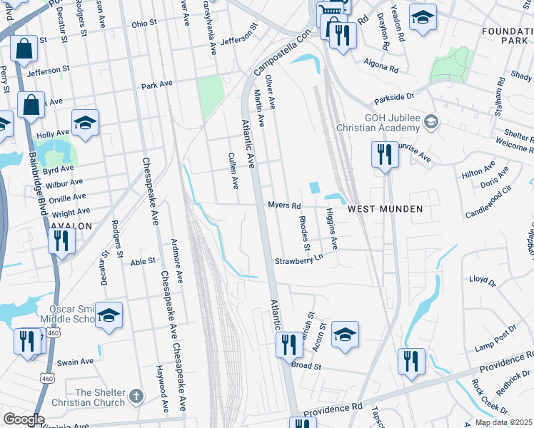 map of restaurants, bars, coffee shops, grocery stores, and more near 1610 Atlantic Avenue in Chesapeake