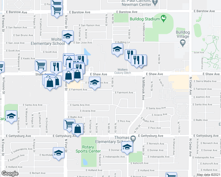 map of restaurants, bars, coffee shops, grocery stores, and more near 3397 E Fairmont Ave in Fresno