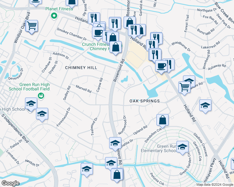 map of restaurants, bars, coffee shops, grocery stores, and more near 808 Meadowbridge Court in Virginia Beach
