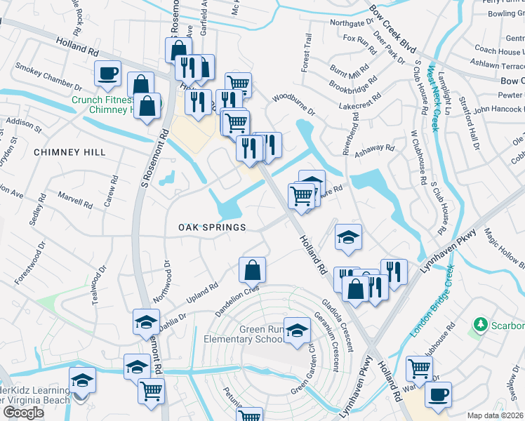 map of restaurants, bars, coffee shops, grocery stores, and more near 3704 Windridge Road in Virginia Beach
