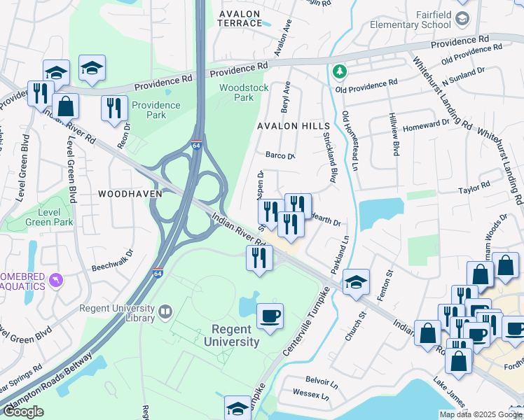 map of restaurants, bars, coffee shops, grocery stores, and more near 985 Aspen Drive in Virginia Beach