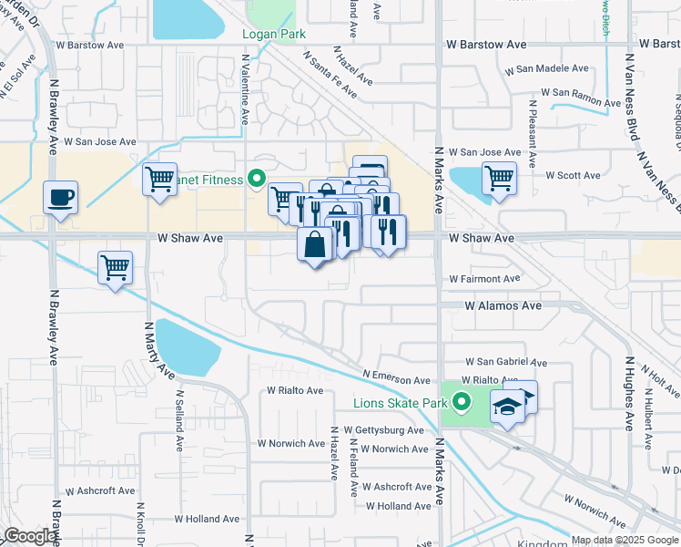 map of restaurants, bars, coffee shops, grocery stores, and more near 3225 West Shaw Avenue in Fresno