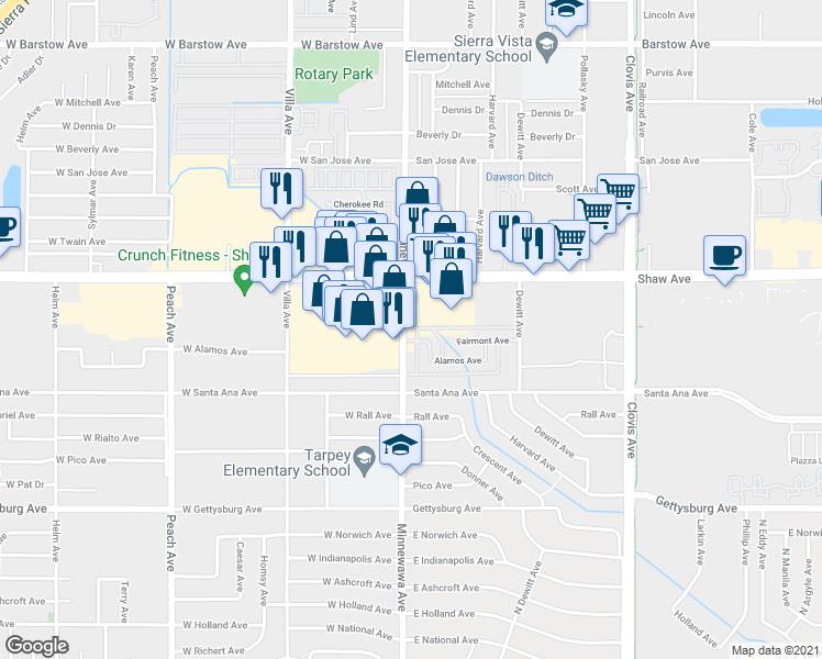 map of restaurants, bars, coffee shops, grocery stores, and more near 2161 Minnewawa Avenue in Clovis