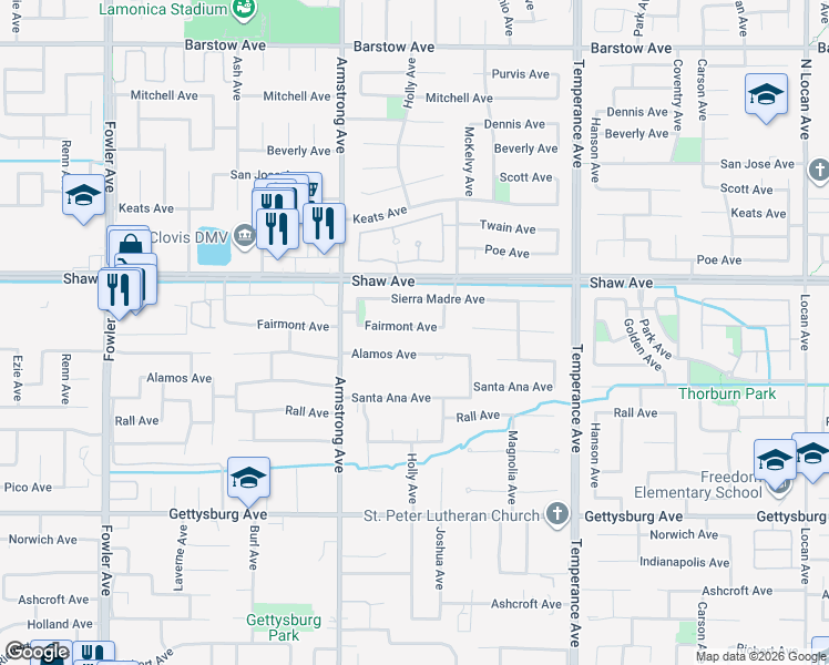 map of restaurants, bars, coffee shops, grocery stores, and more near 2312 Fairmont Avenue in Clovis