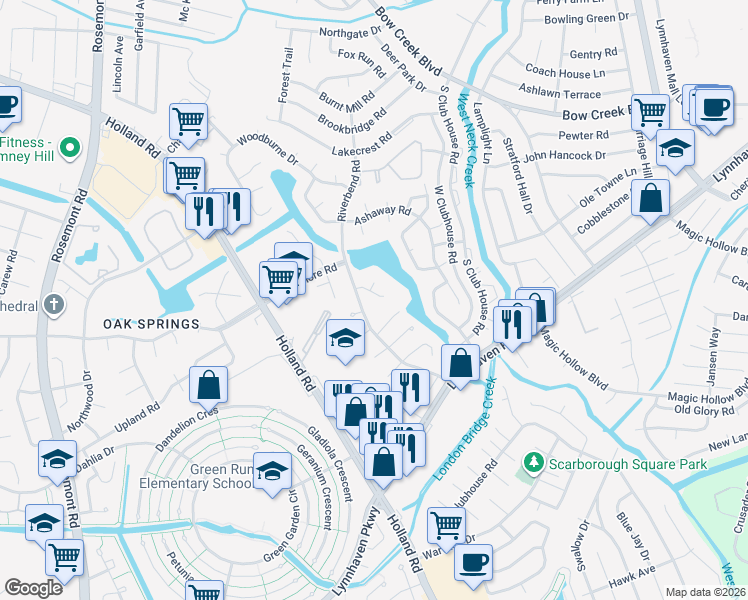 map of restaurants, bars, coffee shops, grocery stores, and more near 3217 Barrington Drive in Virginia Beach
