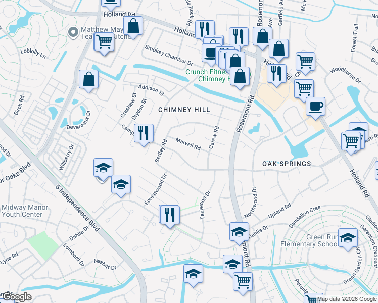 map of restaurants, bars, coffee shops, grocery stores, and more near 3575 Marvell Road in Virginia Beach
