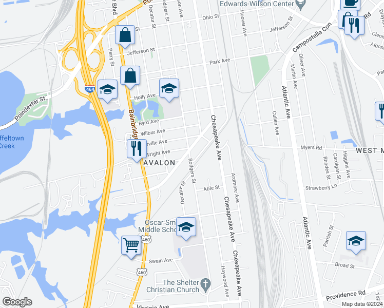 map of restaurants, bars, coffee shops, grocery stores, and more near 1903 Rodgers Street in Chesapeake