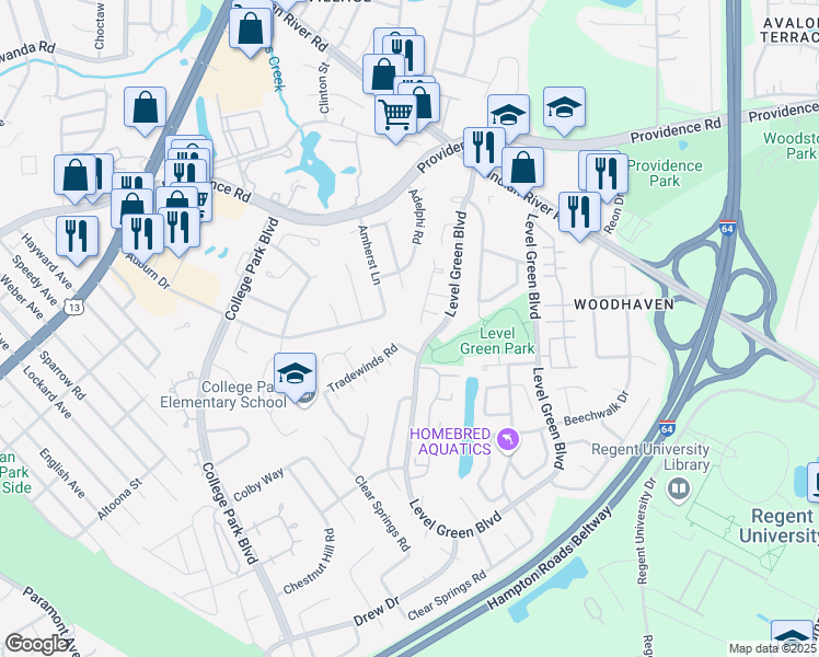map of restaurants, bars, coffee shops, grocery stores, and more near 1048 Lockwood Court in Virginia Beach