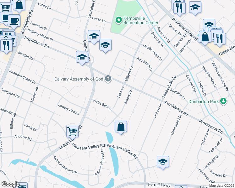map of restaurants, bars, coffee shops, grocery stores, and more near 1113 Luke Drive in Virginia Beach