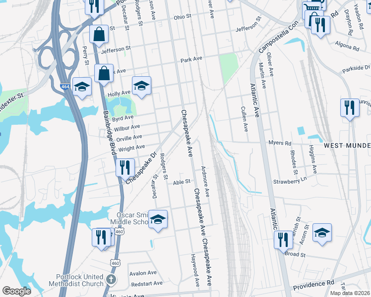 map of restaurants, bars, coffee shops, grocery stores, and more near 1900 Chesapeake Avenue in Chesapeake