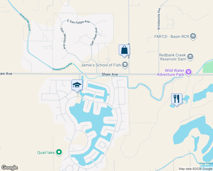 map of restaurants, bars, coffee shops, grocery stores, and more near 4648 North Windward Way in Clovis