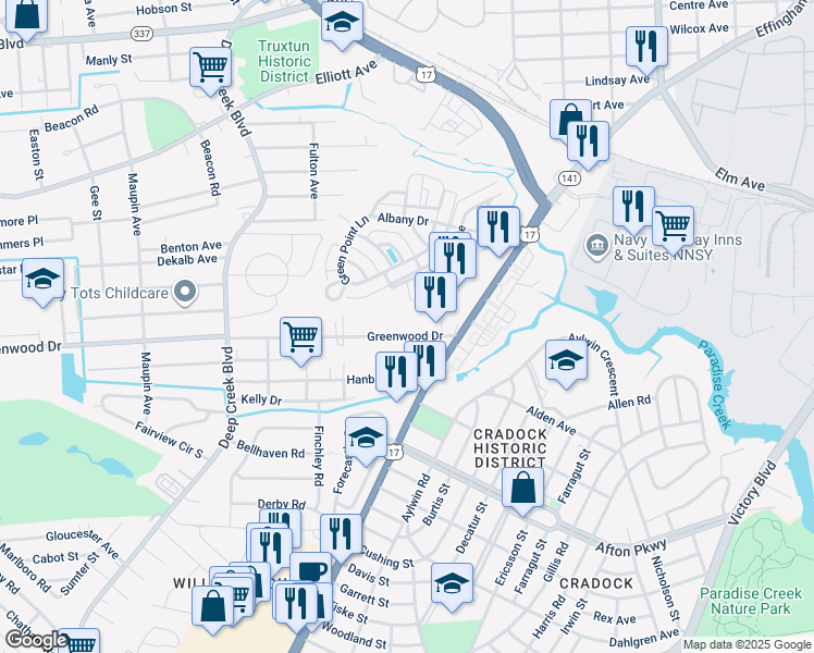 map of restaurants, bars, coffee shops, grocery stores, and more near 2100 Greenwood Drive in Portsmouth