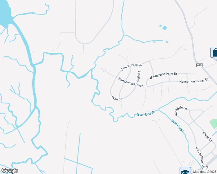 map of restaurants, bars, coffee shops, grocery stores, and more near 4025 Evan Circle in Suffolk