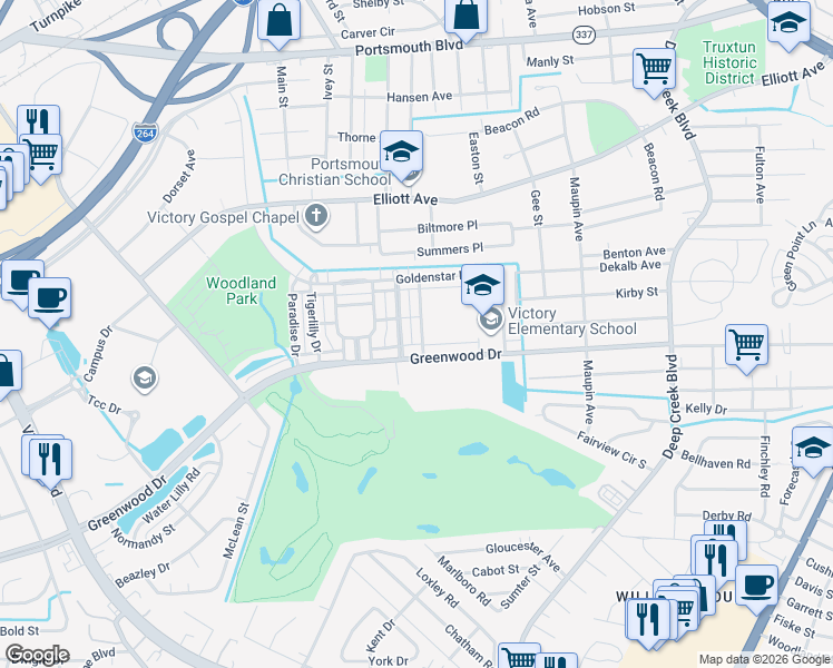 map of restaurants, bars, coffee shops, grocery stores, and more near 230 Foxglove Drive in Portsmouth