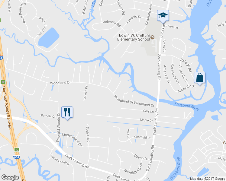 map of restaurants, bars, coffee shops, grocery stores, and more near 4100 Woodland Drive in Chesapeake