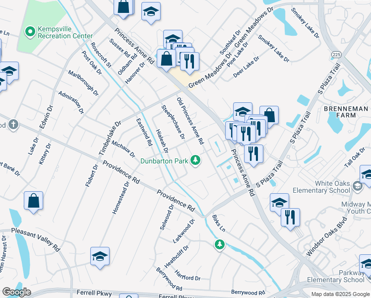 map of restaurants, bars, coffee shops, grocery stores, and more near 4495 Steeplechase Drive in Virginia Beach