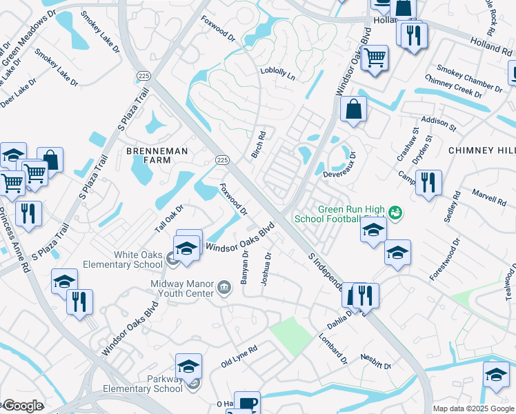 map of restaurants, bars, coffee shops, grocery stores, and more near 807 Foxmoore Court in Virginia Beach