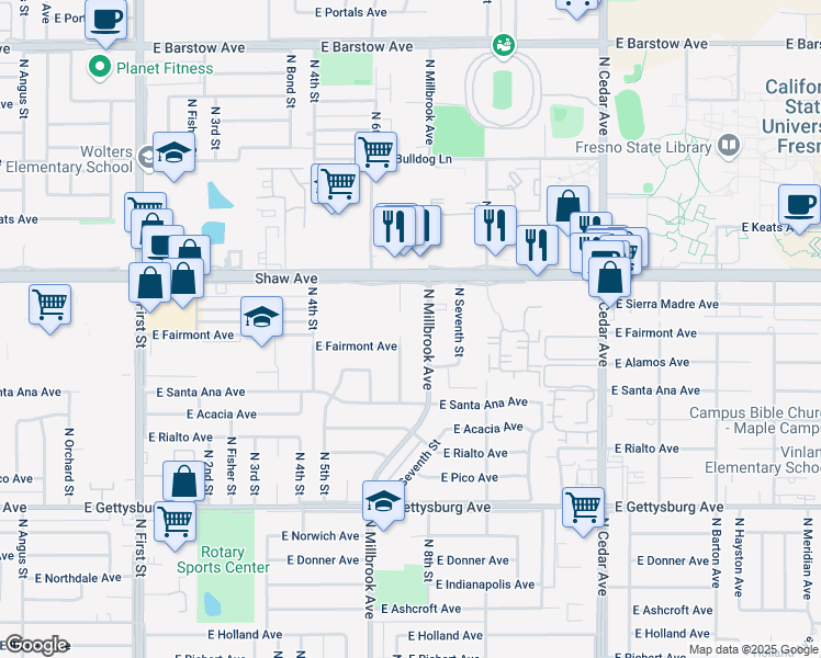 map of restaurants, bars, coffee shops, grocery stores, and more near 4919 North Millbrook Avenue in Fresno