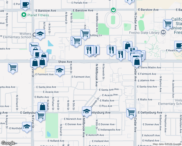 map of restaurants, bars, coffee shops, grocery stores, and more near 4919 North Millbrook Avenue in Fresno