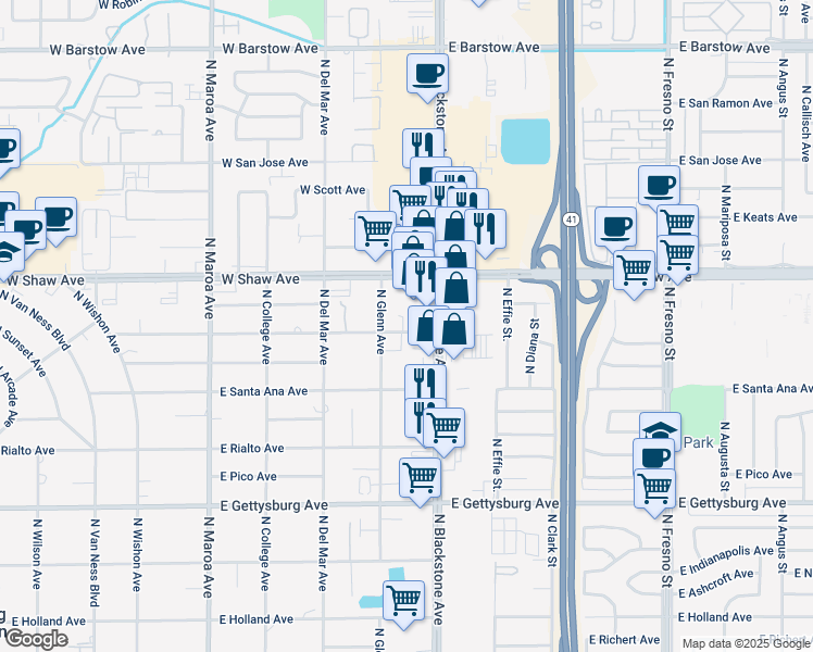map of restaurants, bars, coffee shops, grocery stores, and more near 4909 North Blackstone Avenue in Fresno