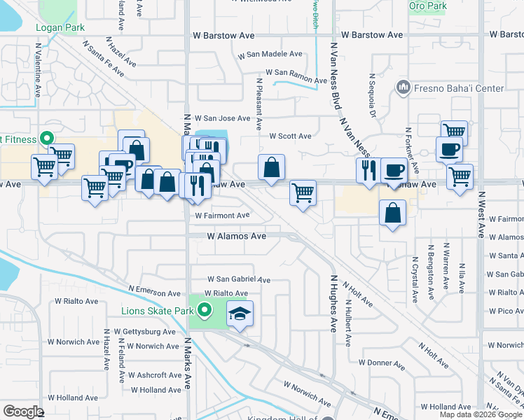 map of restaurants, bars, coffee shops, grocery stores, and more near 4912 North Holt Avenue in Fresno