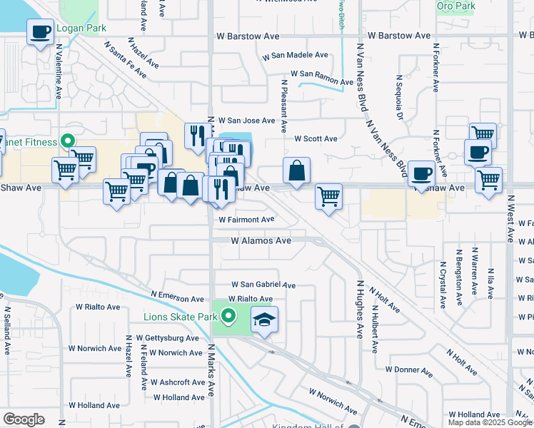 map of restaurants, bars, coffee shops, grocery stores, and more near 2602 West Fairmont Avenue in Fresno