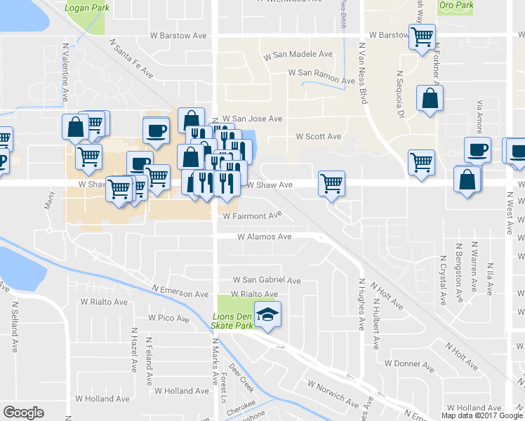 map of restaurants, bars, coffee shops, grocery stores, and more near 2602 West Fairmont Avenue in Fresno
