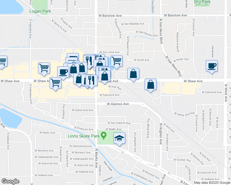 map of restaurants, bars, coffee shops, grocery stores, and more near 2602 West Fairmont Avenue in Fresno
