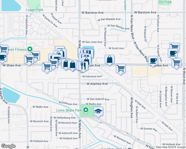 map of restaurants, bars, coffee shops, grocery stores, and more near 2730 West Fairmont Avenue in Fresno