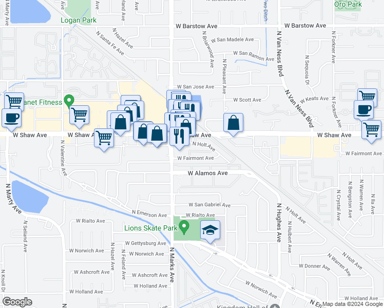 map of restaurants, bars, coffee shops, grocery stores, and more near 2730 West Fairmont Avenue in Fresno